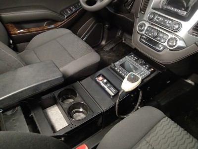 Vehicle specific Low Profile Angled console for 2015-2016 Chevrolet Tahoe police pursuit vehicle