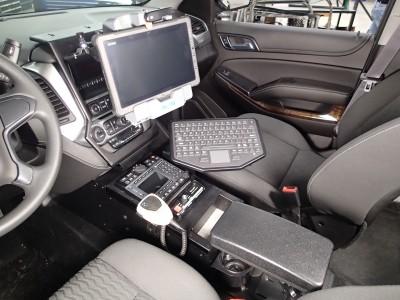 Vehicle specific Low Profile Angled console for 2015-2016 Chevrolet Tahoe police pursuit vehicle